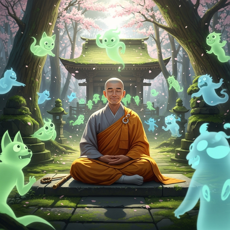 Asian Monk Radiates Peace Among Ethereal Beings | Serene Bliss Asian Monk Radiates Peace Among Ethereal Beings | Serene Bliss