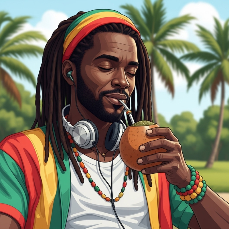 Reggae Man Sipping Yerba Mate with Good Vibes Music Reggae Man Sipping Yerba Mate with Good Vibes Music