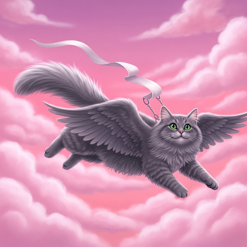 Fluffy Gray Cat Flying in Pink Sky | Magical Flight Joy