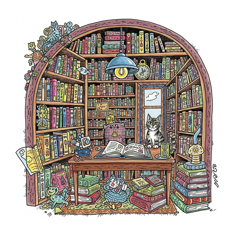 Whimsical Library Scene with Curious Cat & Vibrant Colors Whimsical Library Scene with Curious Cat & Vibrant Colors