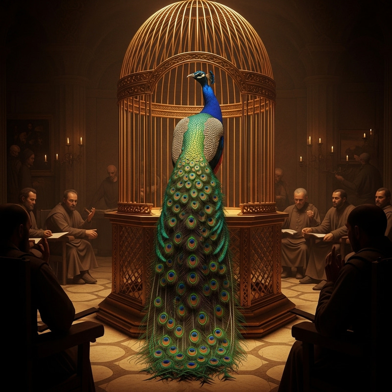 Radiant Peacock in Golden Cage: Mysterious Renaissance Display Radiant Peacock in Golden Cage: Mysterious Renaissance Display