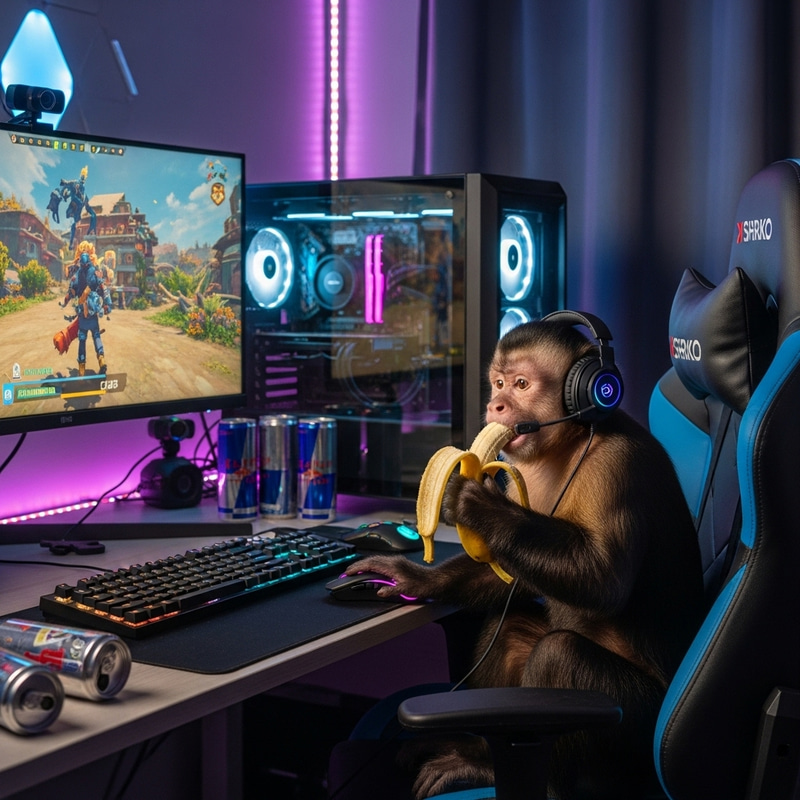 Funny Monkey Streamer Eating Banana & Gaming Funny Monkey Streamer Eating Banana & Gaming