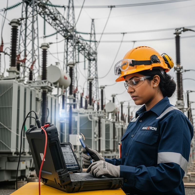 MAXTRON Engineer Testing Power Transformer in Electrical Substation MAXTRON Engineer Testing Power Transformer in Electrical Substation