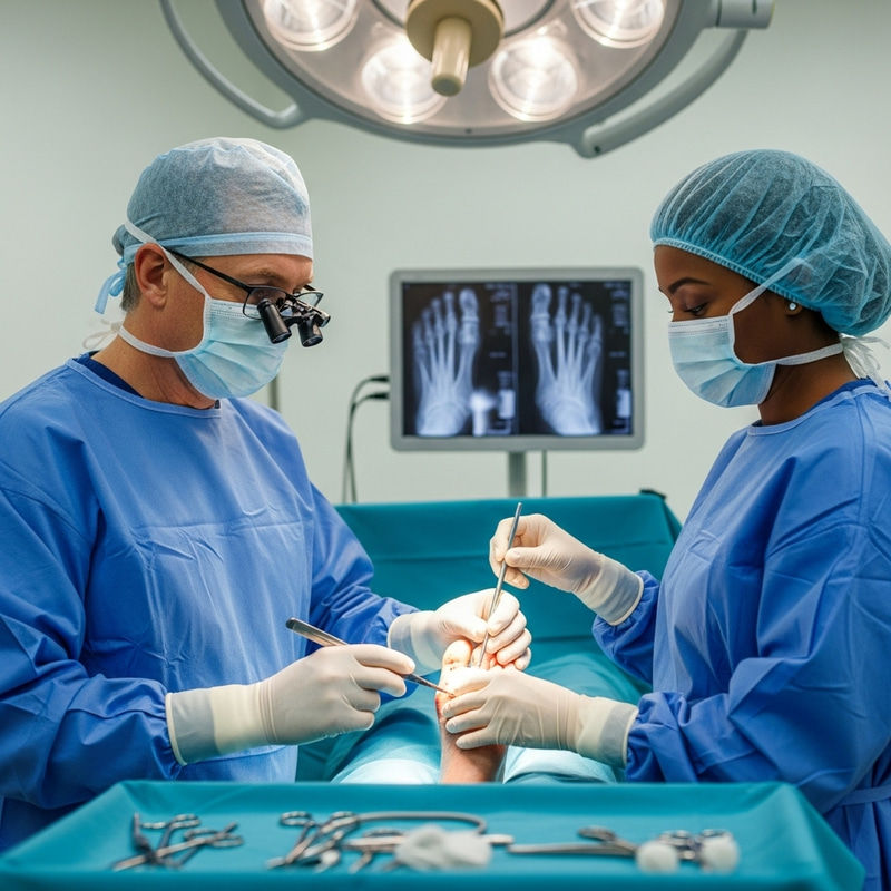 Skilled Foot Surgeon with Assistants in Sterile Operating Theatre Skilled Foot Surgeon with Assistants in Sterile Operating Theatre