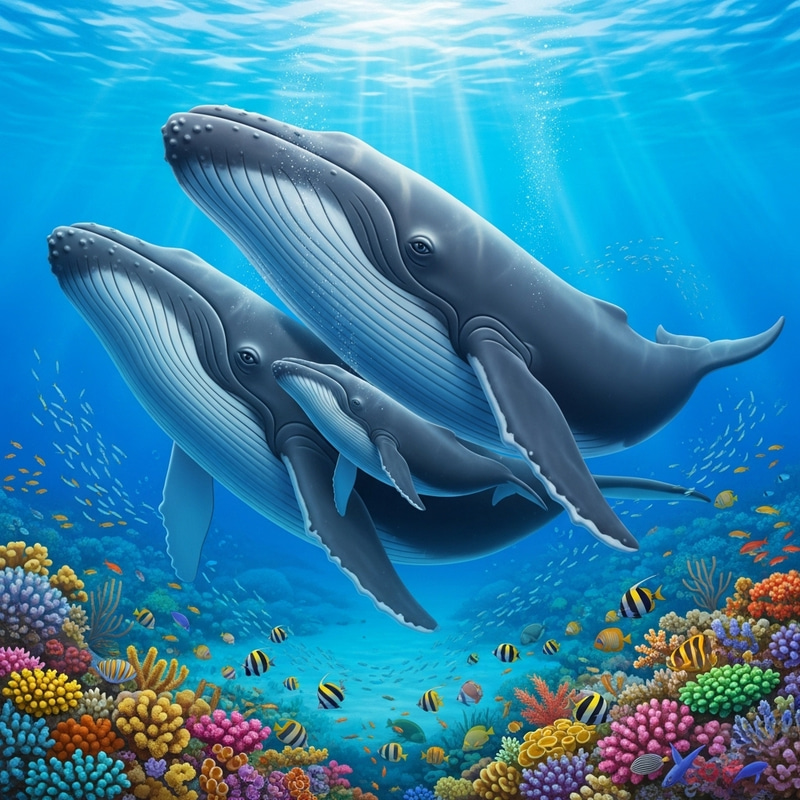 Whale Family Trio in Tranquil Ocean Scene Whale Family Trio in Tranquil Ocean Scene