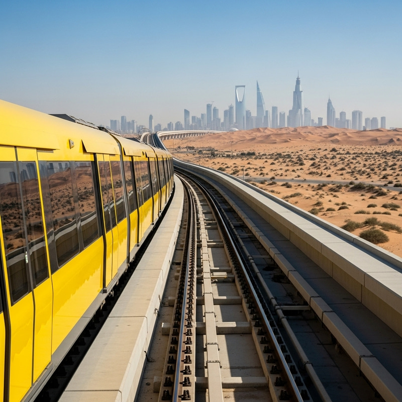 Riyadh Desert Metro Yellow Line: Sleek Train in Desert Landscape
