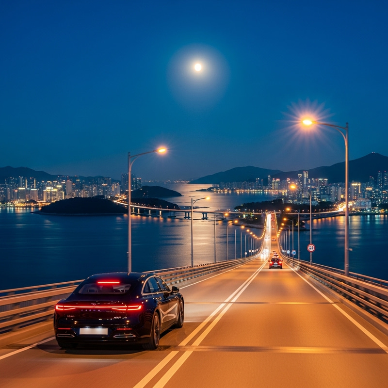 Moonlit Bridge: Luxury Electric Car amid Island City Lights Moonlit Bridge: Luxury Electric Car amid Island City Lights