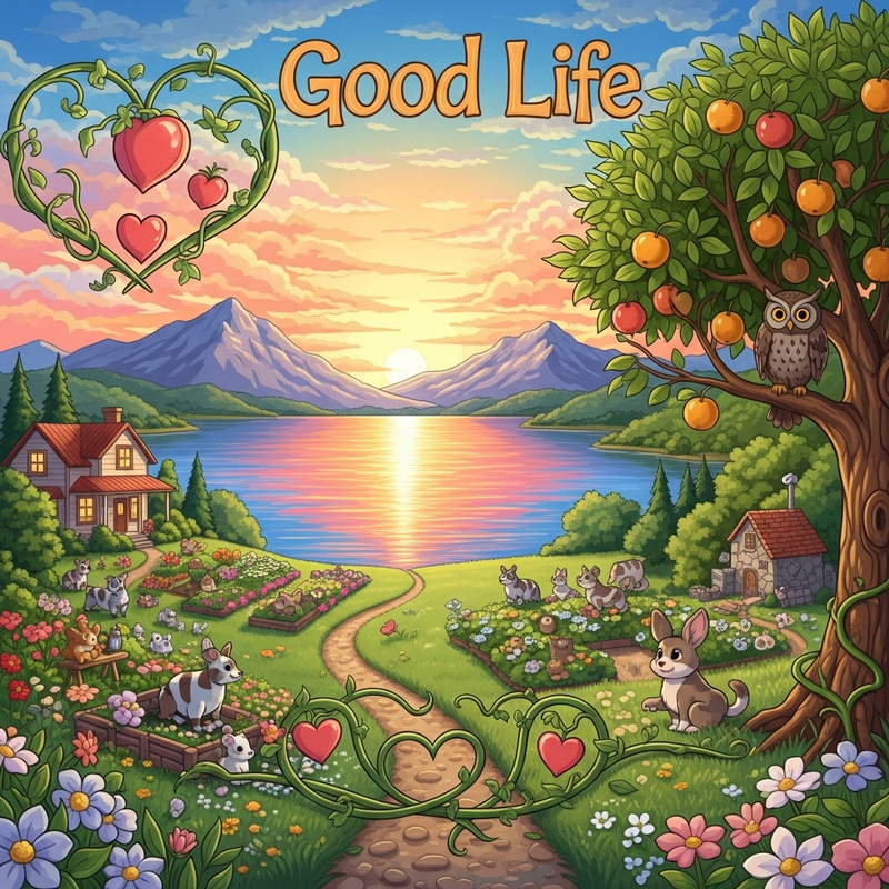 A Good Life: Serene Landscape with Health, Love, and Wisdom