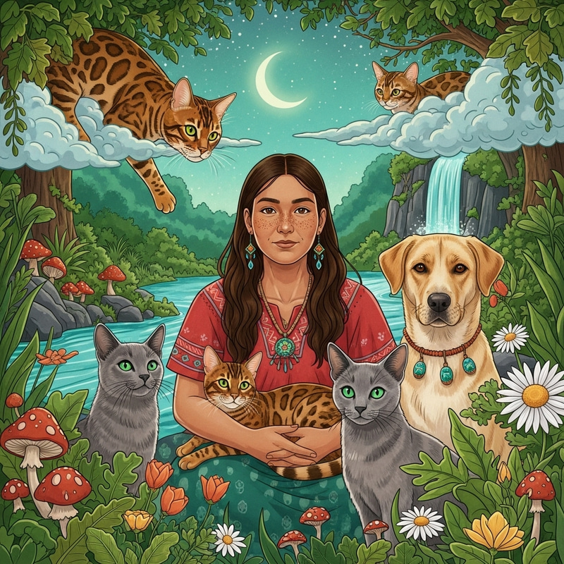 Shamanistic Healing with Bengal, Russian Blue Cats, and Giant-Eared Dog in Lush Nature Shamanistic Healing with Bengal, Russian Blue Cats, and Giant-Eared Dog in Lush Nature