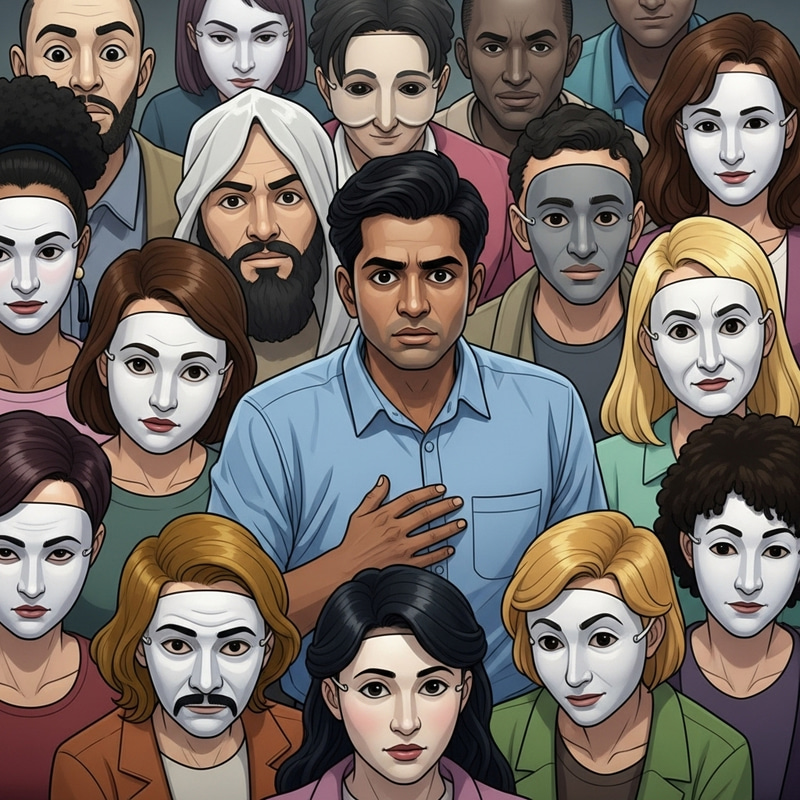 Masked Crowd Encircling Man - Unveiling Personalities Masked Crowd Encircling Man - Unveiling Personalities