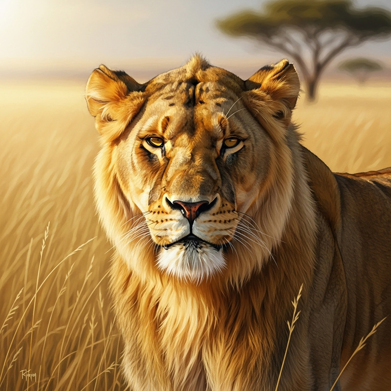Majestic Female Lion in Golden Savannah - Capturing Wildlife's Power
