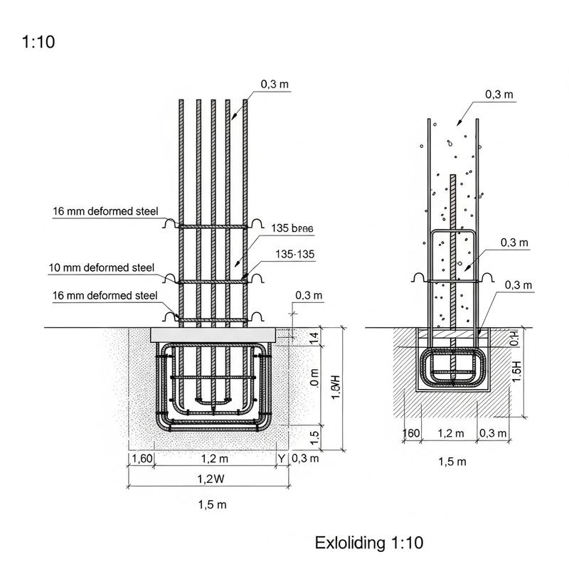 Column-Footing Details: Plan & Section View with Reinforcement Bars Column-Footing Details: Plan & Section View with Reinforcement Bars