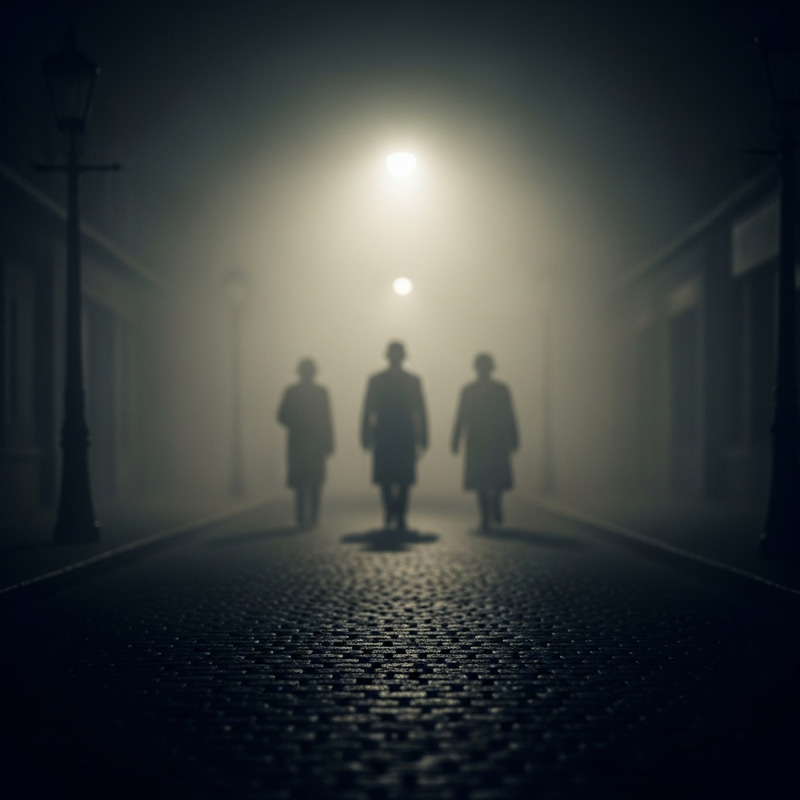 Vintage 1920s Film Noir Image: Obscured Figures in Foggy Street Vintage 1920s Film Noir Image: Obscured Figures in Foggy Street