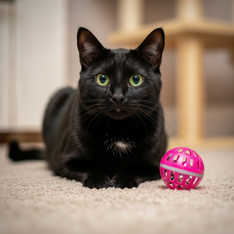 Domestic Black Cat on Fuzzy Carpet