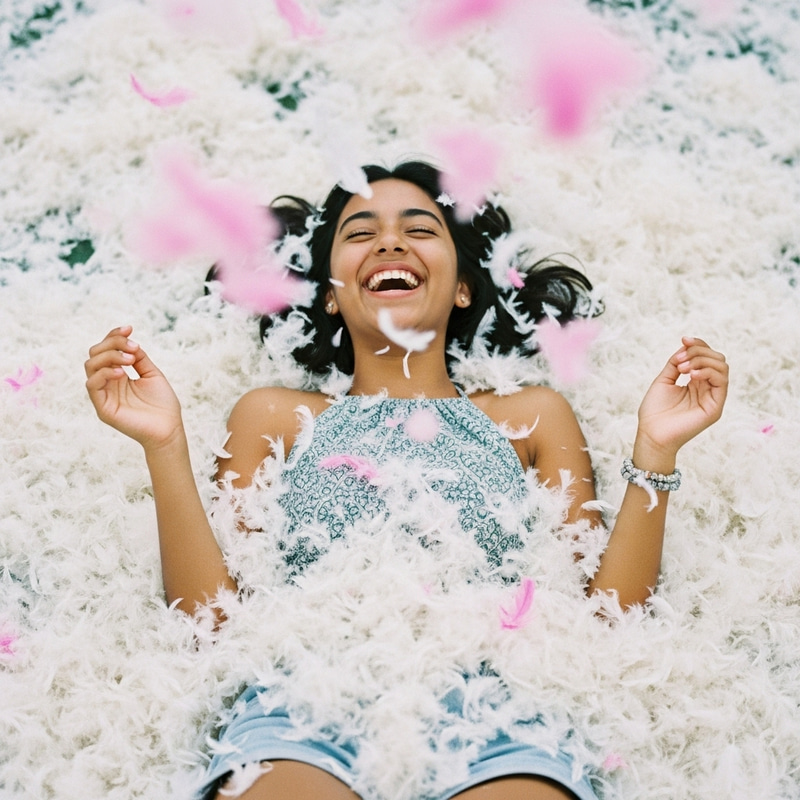 Summer Bliss: Teenage Girl Laughing in Pink and White Feathers