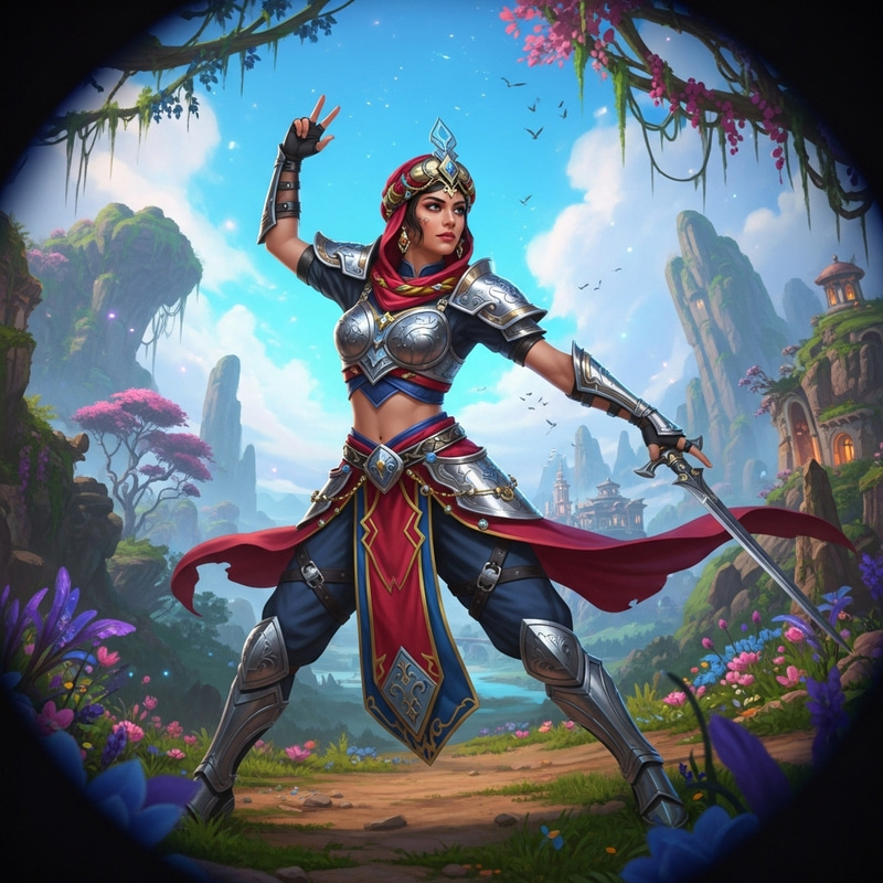 Dynamic Female Knight in Vibrant Modern Armor