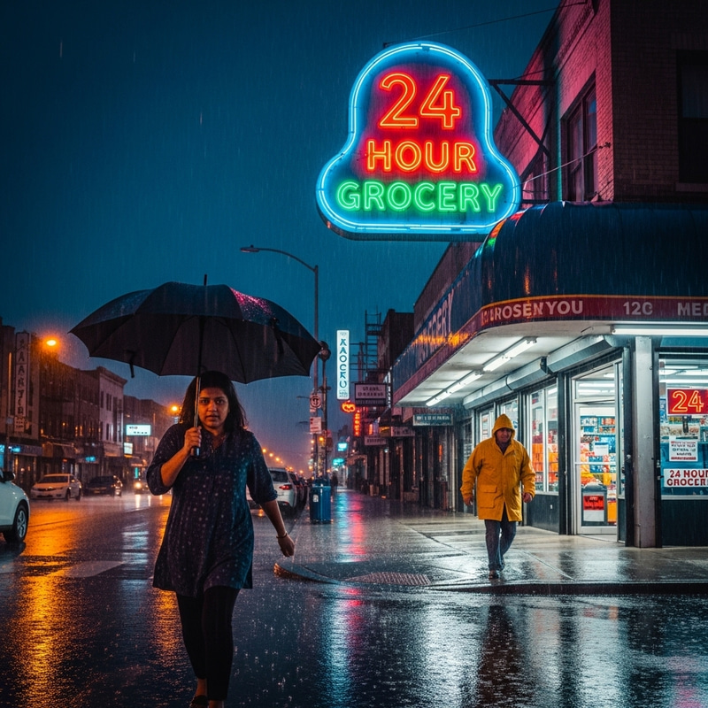Rainy Night: Neon 24 Hour Grocery Store in Urban Cityscape