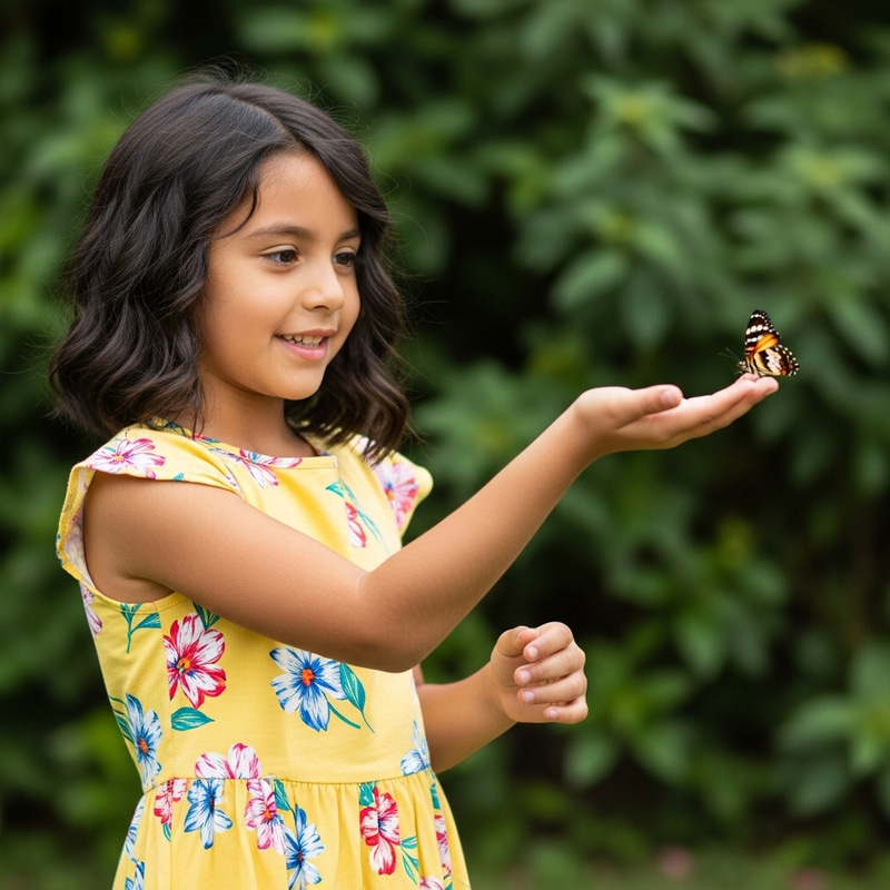 Young Hispanic Girl in Yellow Dress with Butterfly Young Hispanic Girl in Yellow Dress with Butterfly