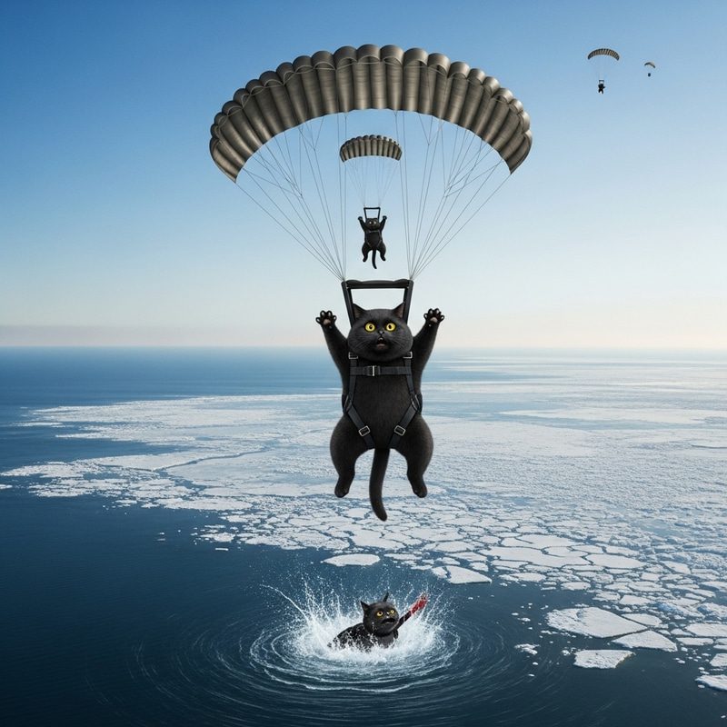 Chubby Black Cat and Kitten Parachute Mishap
