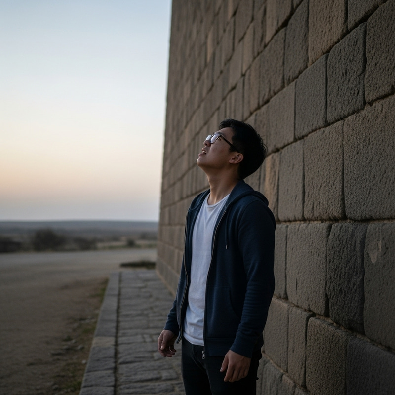 Asian Man in Awe at Stone Wall - Frustration Visible Asian Man in Awe at Stone Wall - Frustration Visible
