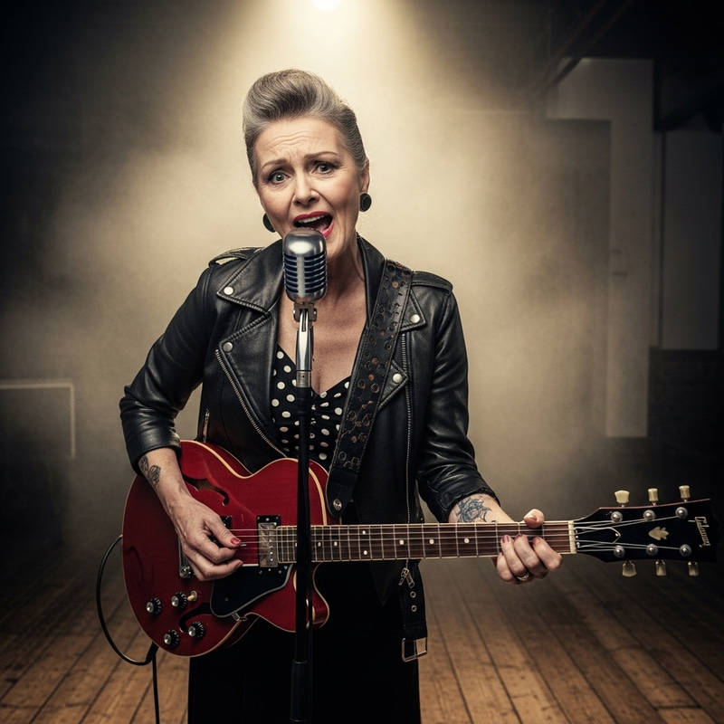 Rockabilly Old Woman in Leather Jacket | Guitar & Singing Rockabilly Old Woman in Leather Jacket | Guitar & Singing