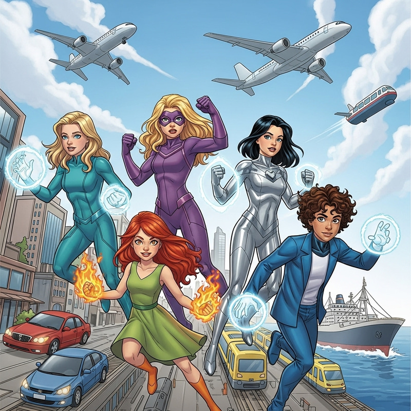 Diverse Superhero Team Featuring Blondes, Brunettes, and More in Action Diverse Superhero Team Featuring Blondes, Brunettes, and More in Action