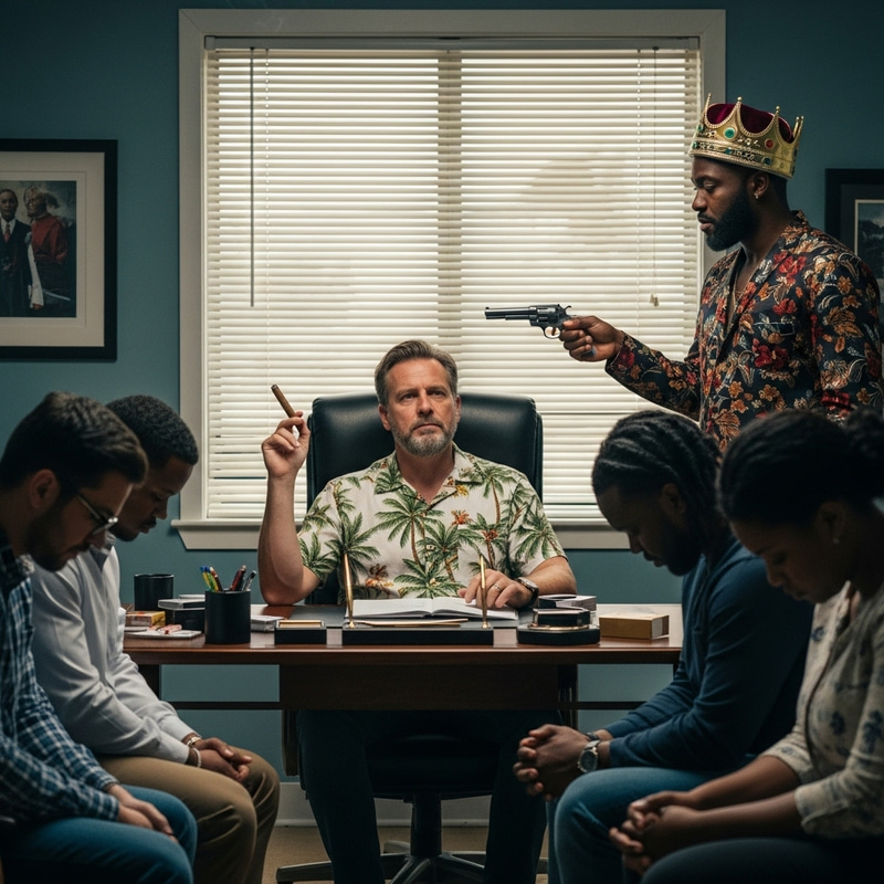 Intriguing Office Scene with Director, Cigar, Pistol, and Crowned Figure