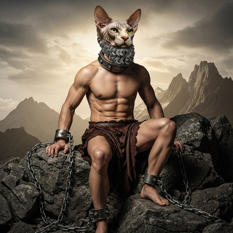 Prometheus Sphinx Cat Fusion: Mythical Chained Figure