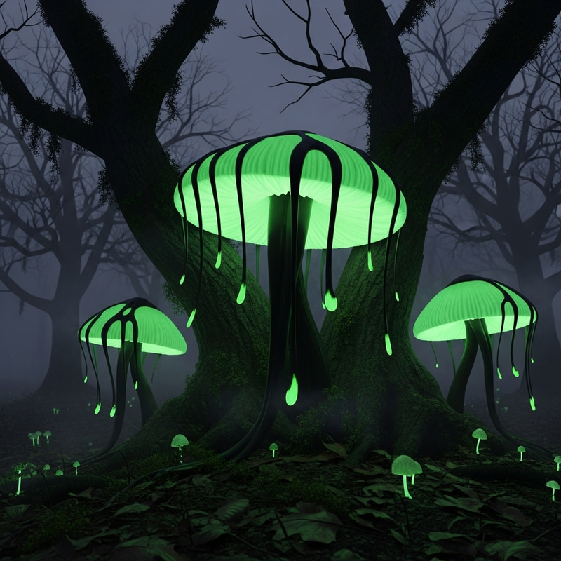 Neon Green Fungi and Spooky Trees - Mystic Nature Encounter Neon Green Fungi and Spooky Trees - Mystic Nature Encounter
