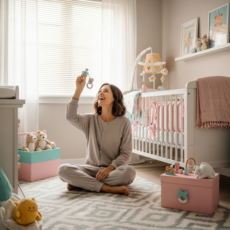 Colorful Nursery Scene with Woman in Onesie and Pacifier Joyfully Playing Colorful Nursery Scene with Woman in Onesie and Pacifier Joyfully Playing