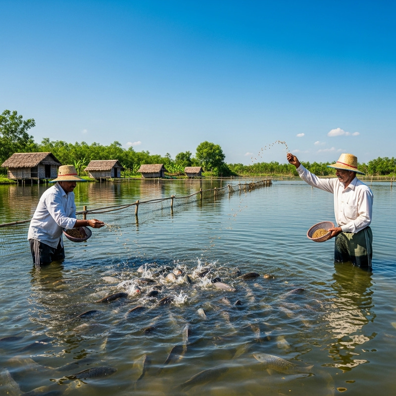 Siembra de Tilapias: Agricultores del Sur de Asia Alimentan Peces en Estanque de Agua Dulce Siembra de Tilapias: Agricultores del Sur de Asia Alimentan Peces en Estanque de Agua Dulce