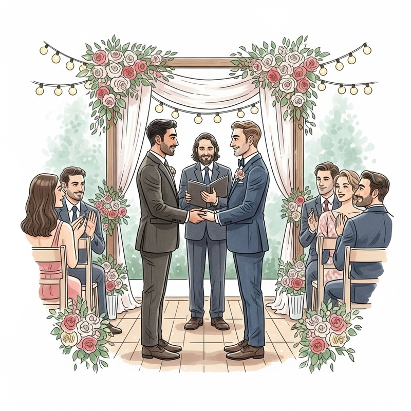Heartwarming Same-Sex Wedding Ceremony in Vibrant Watercolor Style