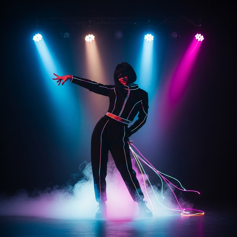 Dynamic Neon Figure on Stage with Black Hair and Rainbow Accents Dynamic Neon Figure on Stage with Black Hair and Rainbow Accents