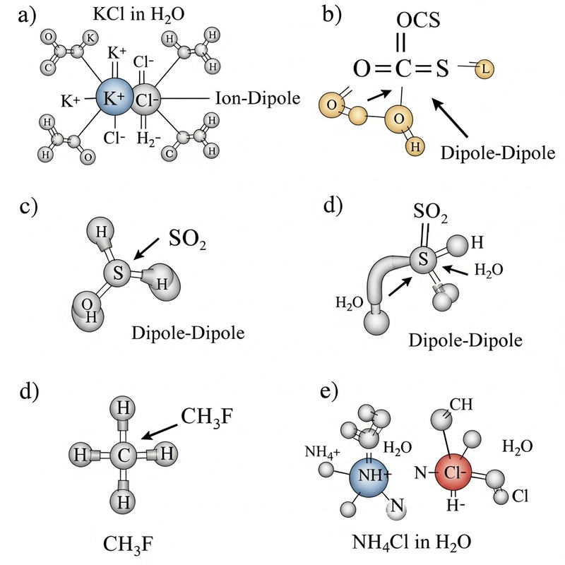 Lewis Structure of Molecules & Dominant Forces: KCl, OCS, SO2, CH3F, NH4Cl.