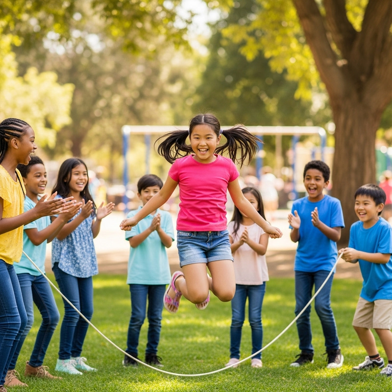 Asian Girl Trang Jumping Rope with Friends in Local Park Asian Girl Trang Jumping Rope with Friends in Local Park