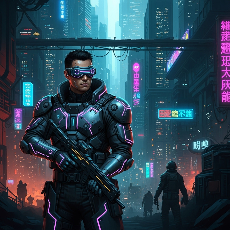 Futuristic Cyberpunk Mercenary in Urban Environment Futuristic Cyberpunk Mercenary in Urban Environment