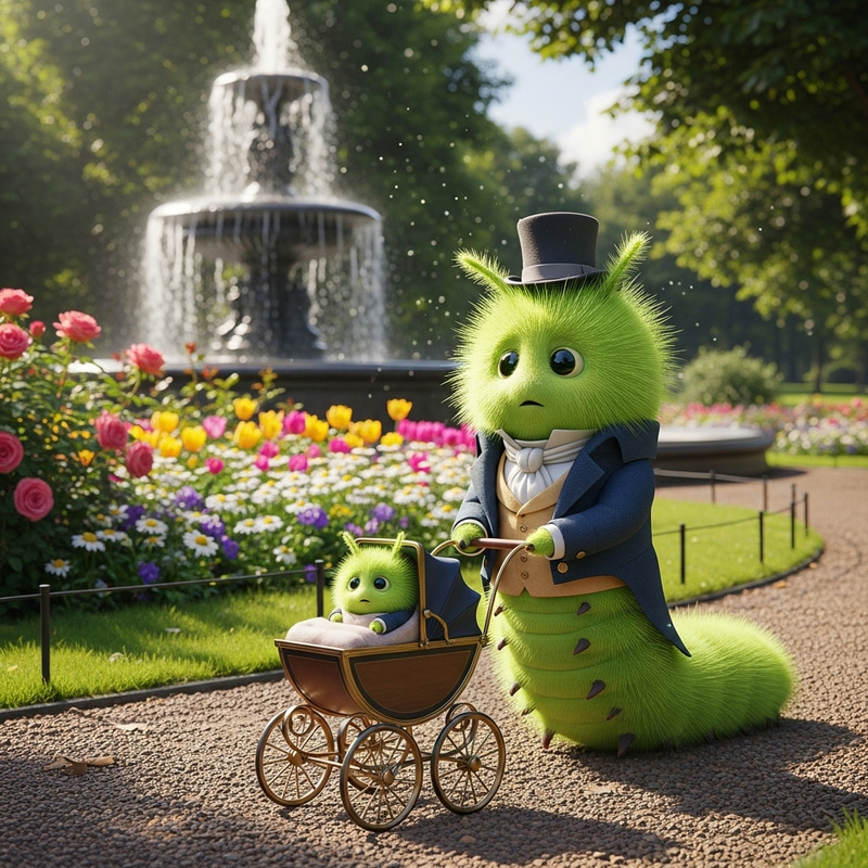Fluffy Caterpillar in 19th Century Attire: A Park Scene Fluffy Caterpillar in 19th Century Attire: A Park Scene