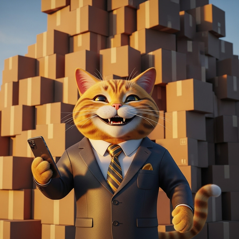 Luxurious Cartoon Cat with Smartphone and Amazon Boxes Luxurious Cartoon Cat with Smartphone and Amazon Boxes