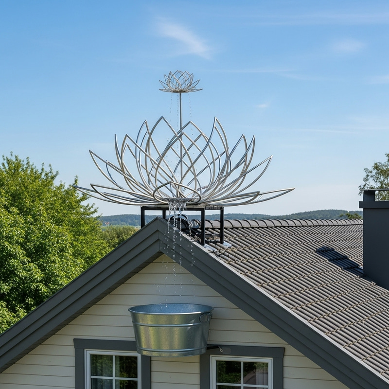 Lotus Rainwater Collector on Quaint House Roof Lotus Rainwater Collector on Quaint House Roof