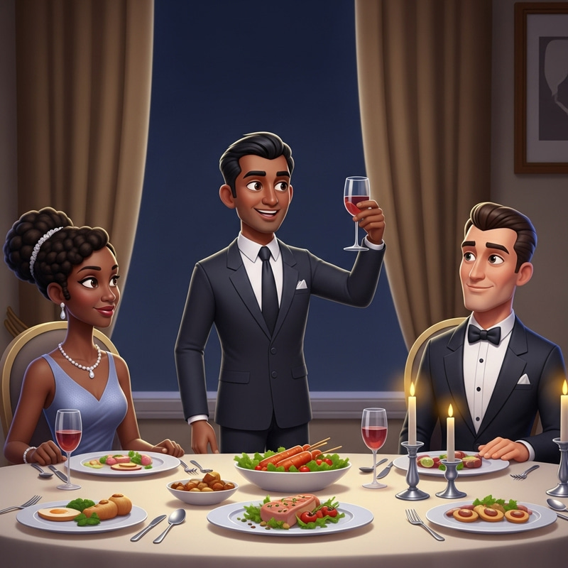 Elegant Dinner Scene with Diverse Toasting Anime Elegant Dinner Scene with Diverse Toasting Anime