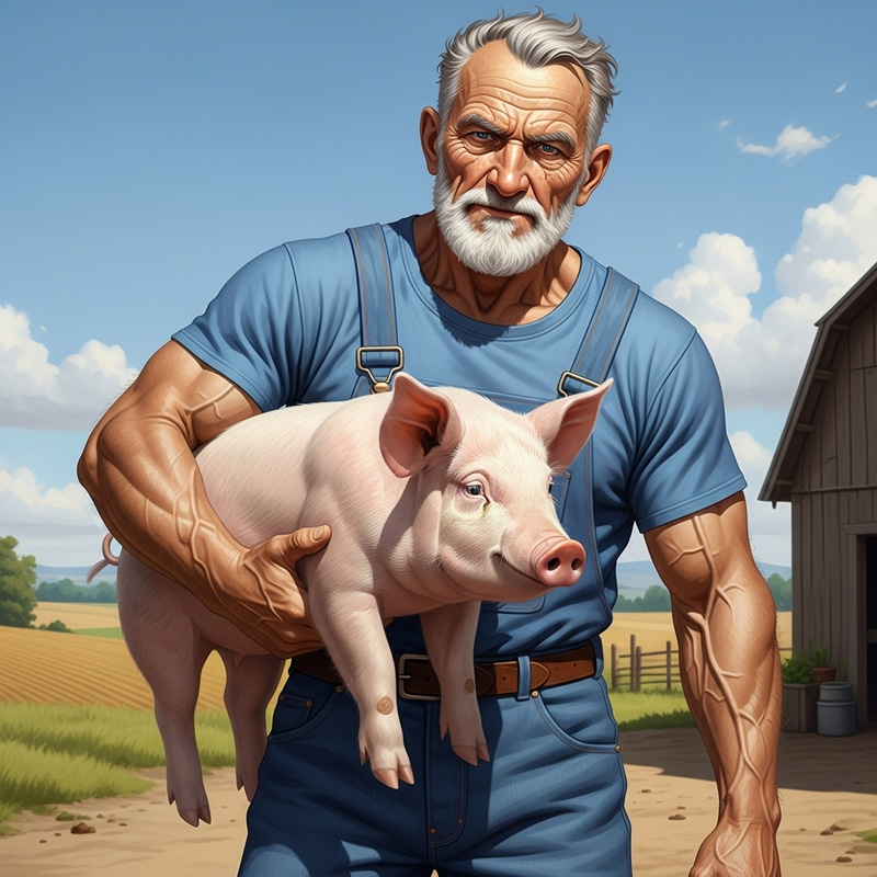 Muscular Senior Man Holding Pink Pig: Countryside Narrative Muscular Senior Man Holding Pink Pig: Countryside Narrative