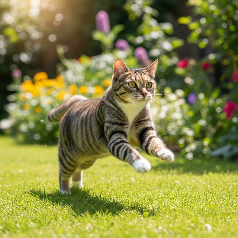 Playful Calico Cat Running in Sunlit Garden Playful Calico Cat Running in Sunlit Garden