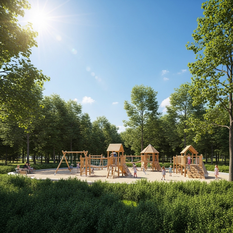 Picturesque Wooden Playground in Lush Park | Tranquil Outdoor Setting Picturesque Wooden Playground in Lush Park | Tranquil Outdoor Setting