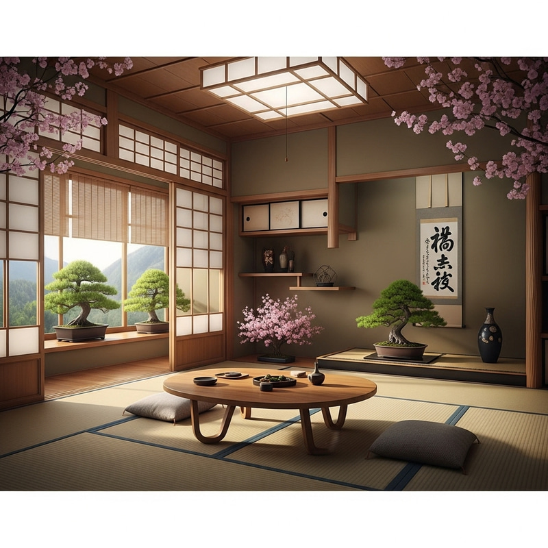 Japanese Living Room: Serene Atmosphere with Cherry Blossoms & Bamboo