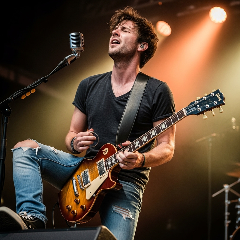Brown Tousled Hair Man Playing Electric Guitar Brown Tousled Hair Man Playing Electric Guitar