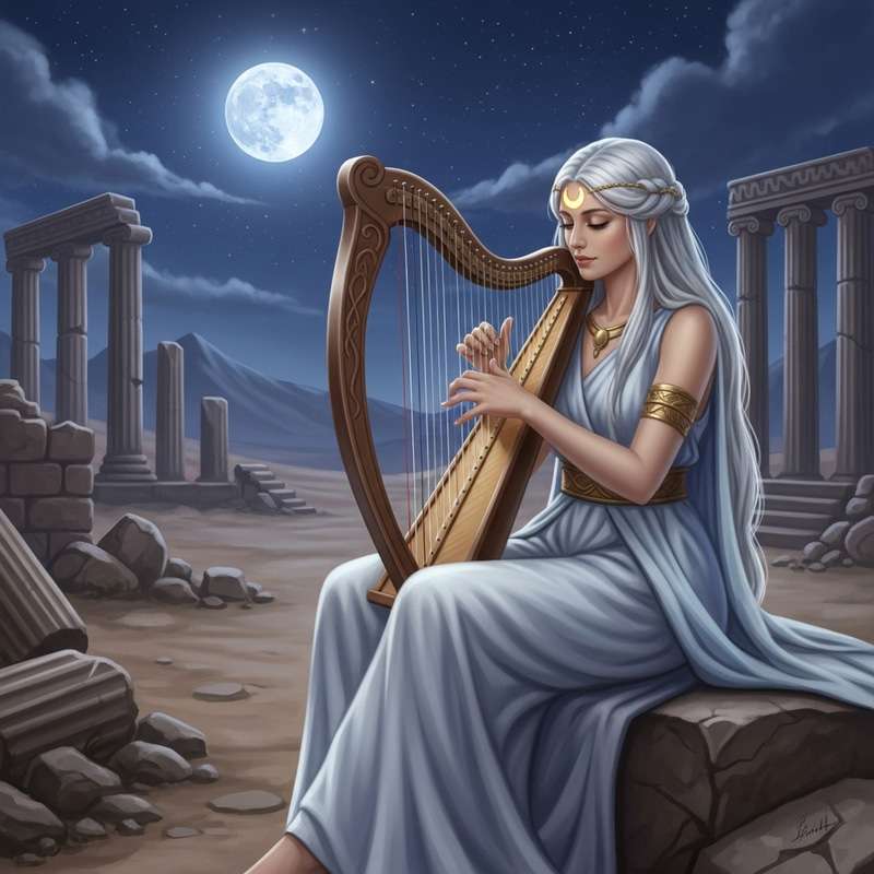 White-Haired Woman Playing Harp in Serene Moonglow