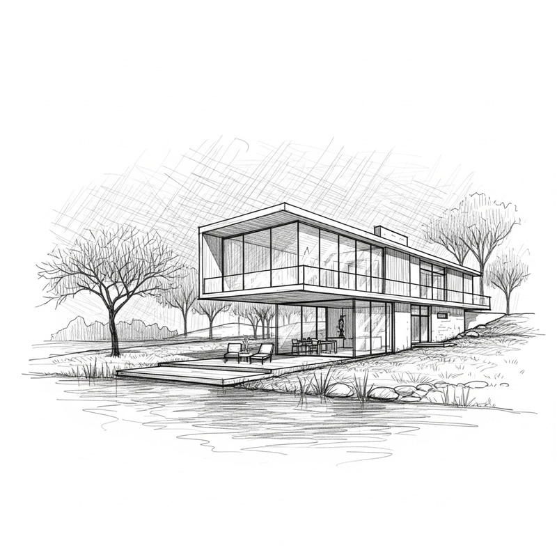 Modern House by the Lake with Large Glass Windows and Sparse Tall Trees Modern House by the Lake with Large Glass Windows and Sparse Tall Trees
