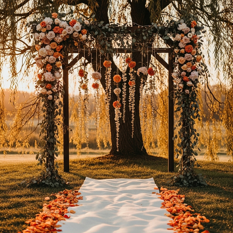 Warm Orange-Peach Wedding Arch Design Under Drooping Willow Tree