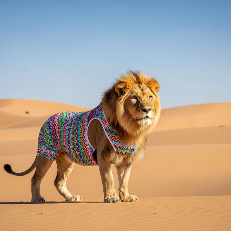 Colorful Swimsuit Lion in Desert: Stylish Fashion Icon Colorful Swimsuit Lion in Desert: Stylish Fashion Icon