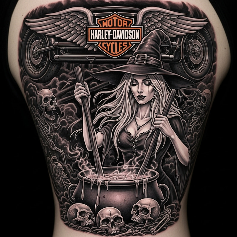 Powerful Witch Tattoo Design with Skeleton-Cauldron and Harley Davidson Elements